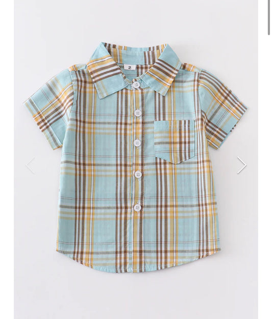 Boys Mint Plaid Short Sleeve Button Up