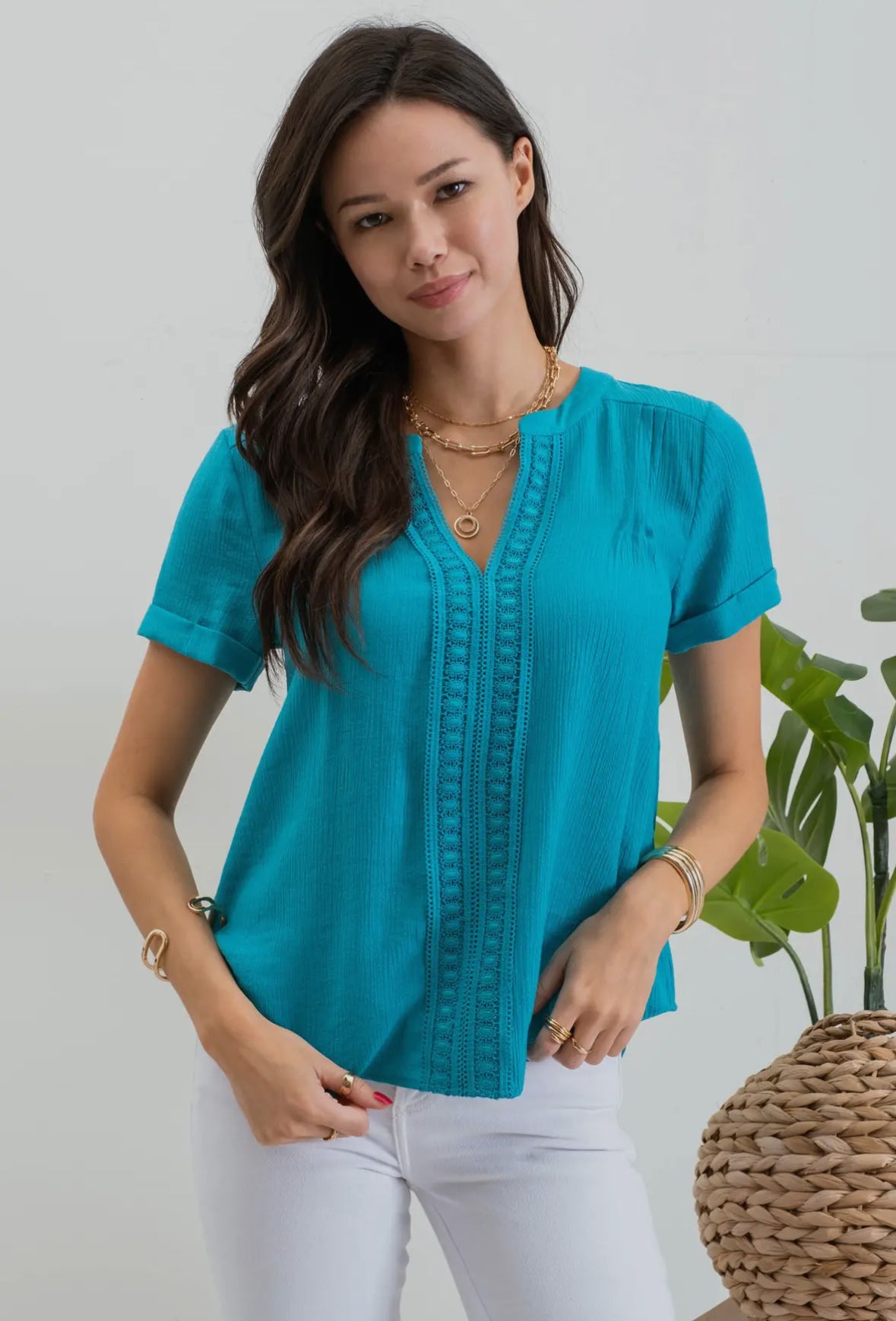 Women’s Front Lace Woven Short Sleeve Top