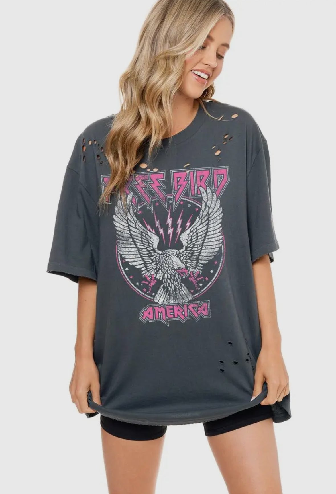 Women’s Oversized Premium Free Bird Distressed Tee in Slate